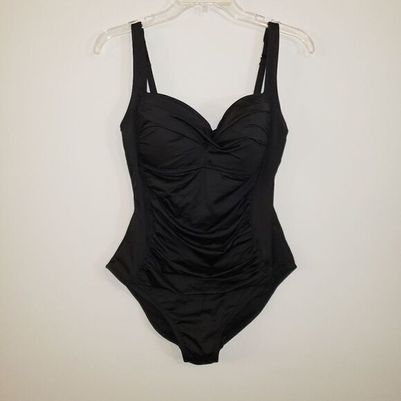 LIZ CLAIBORNE BLACK RUCHING ONE PIECE  BATHING SUIT SWIMSUIT SIZE 10 - Picture 1 of 5